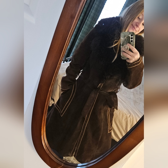 ✨️RARE✨️ Vintage 70s Union Made Brown Suede Coat Fur Collar - Picture 14 of 14